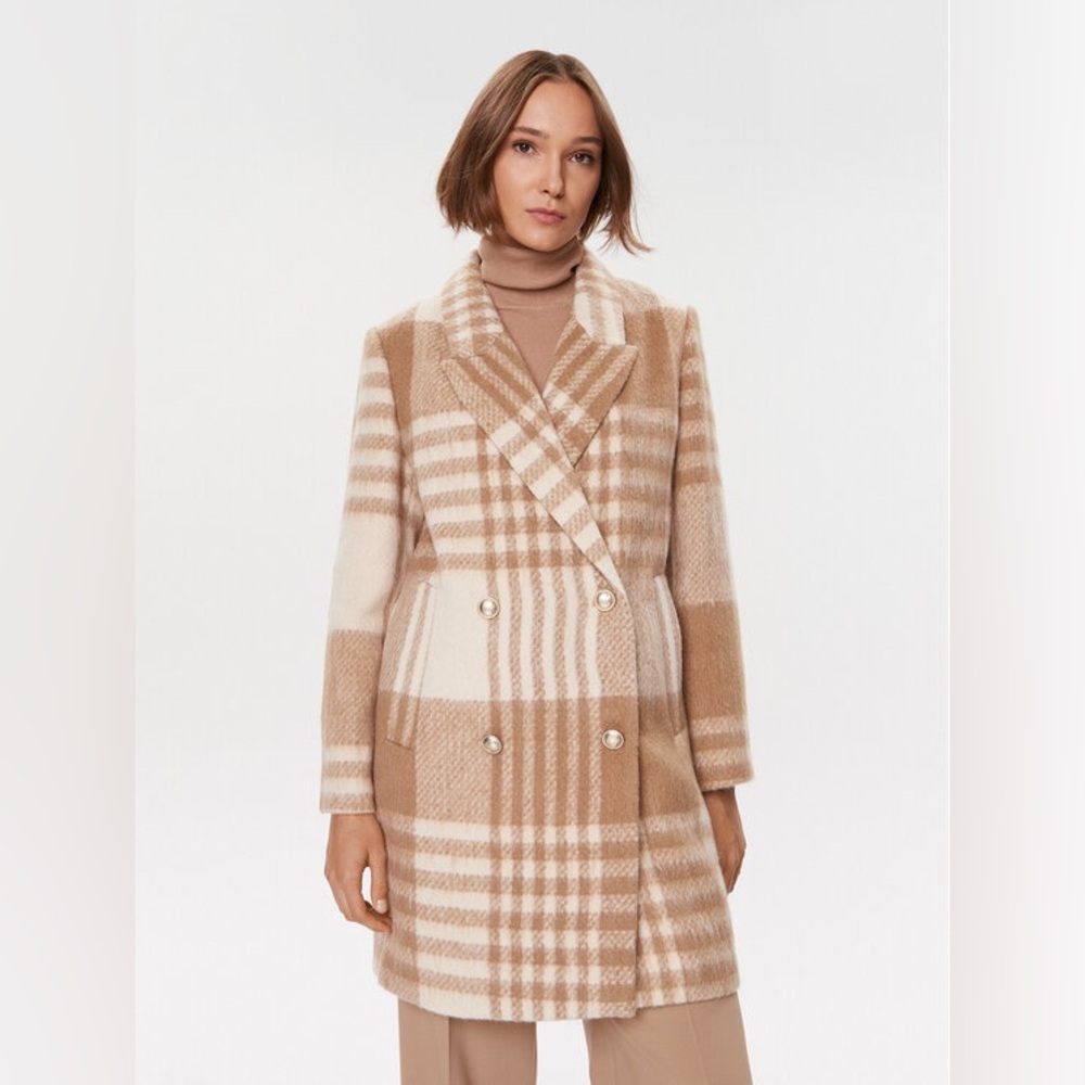 Guess Beige Cream Wool Plaid Double-Breasted Coat Sz XS
